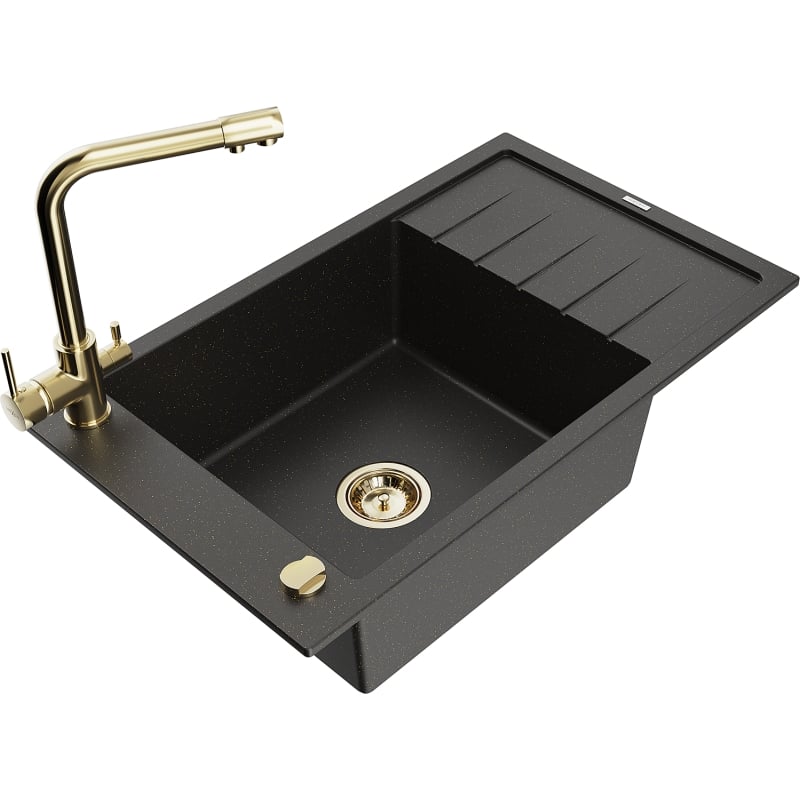 Mexen Elias fregadero de granito de 1 cubeta con escurridor y grifo de cocina Duero, negro/metálico dorado - 6511-75-671600-50
