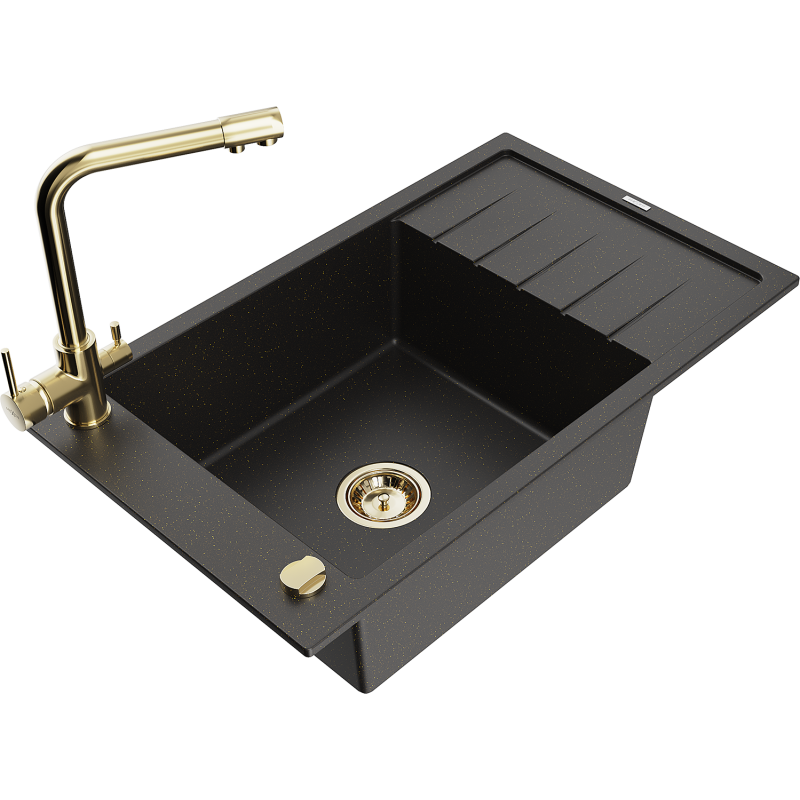 Mexen Elias fregadero de granito de 1 seno con escurridor y grifo de cocina Duero, negro/dorado metálico - 6511-75-671600-50