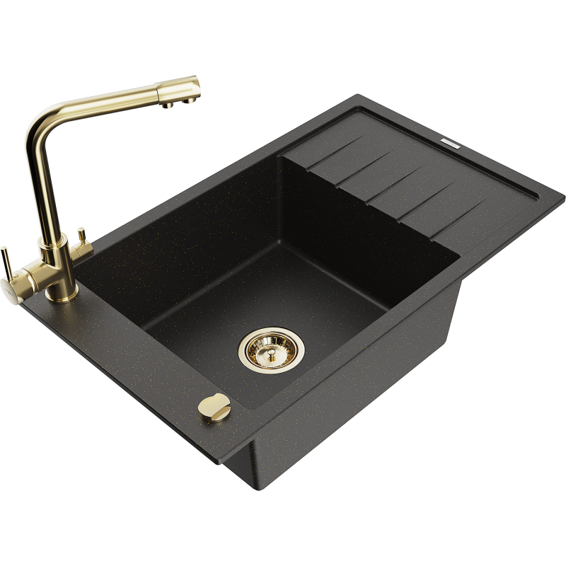 Mexen Elias Granitspüle, 1-Becken mit Abtropffläche und Küchenarmatur Duero, schwarz/gold Metallic - 6511-75-671600-50