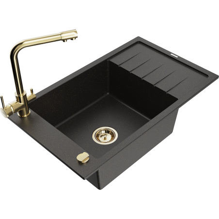 Mexen Elias Granitspüle, 1-Becken mit Abtropffläche und Küchenarmatur Duero, schwarz/gold Metallic - 6511-75-671600-50