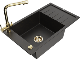 Mexen Elias granite kitchen sink 1-bowl with drainer and Duero kitchen faucet, black/gold metallic - 6511-75-671600-50