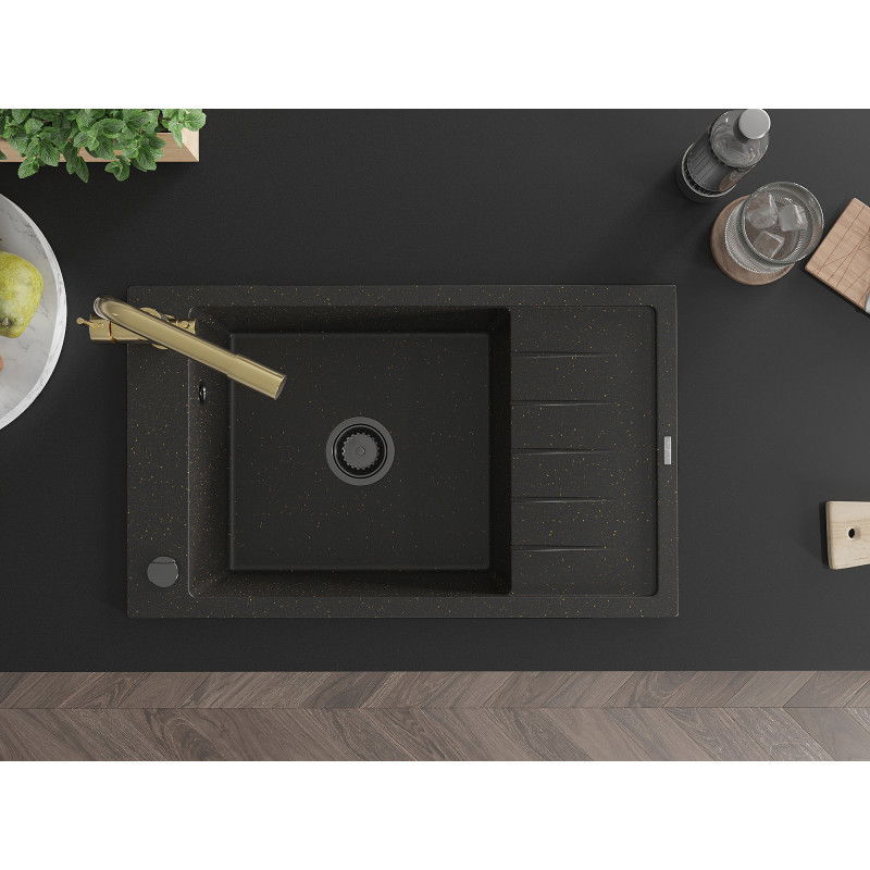 Mexen Elias 1-bowl granite sink with drainer and Duero kitchen tap, black/gold metallic - 6511-75-671600-50-B