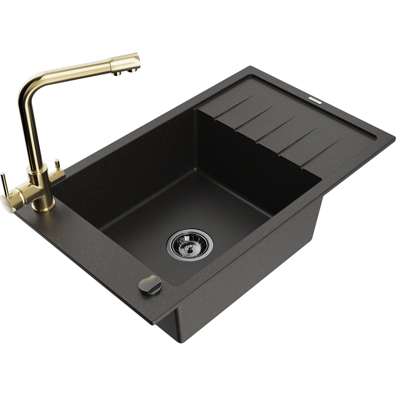 Mexen Elias 1-bowl granite sink with drainer and Duero kitchen tap, black/gold metallic - 6511-75-671600-50-B