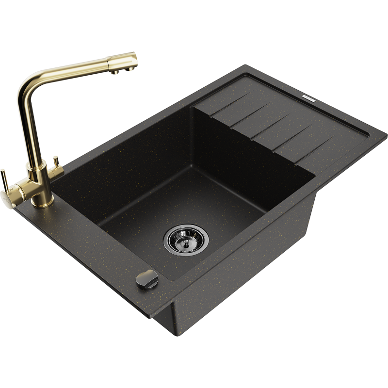 Mexen Elias fregadero de granito de 1 cubeta con escurridor y grifo de cocina Duero, negro/oro metálico - 6511-75-671600-50-B