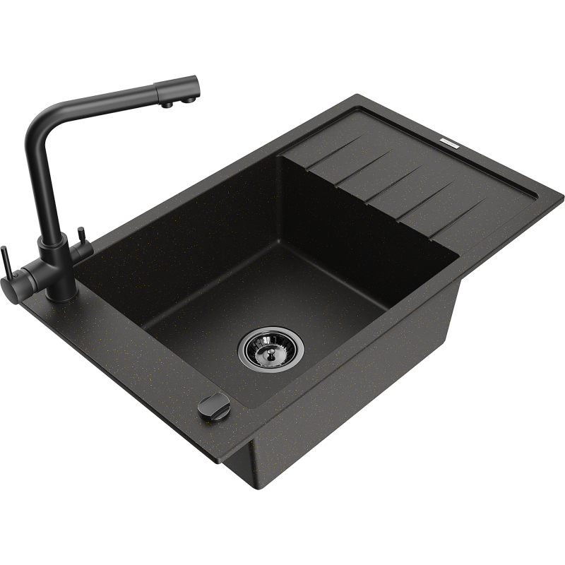 Mexen Elias 1-bowl granite sink with drainer and Duero kitchen tap, black/gold metallic - 6511-75-671600-70-B
