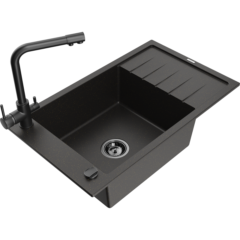 Mexen Elias fregadero de granito de 1 cubeta con escurridor y grifo de cocina Duero, negro/oro metalizado - 6511-75-671600-70-B