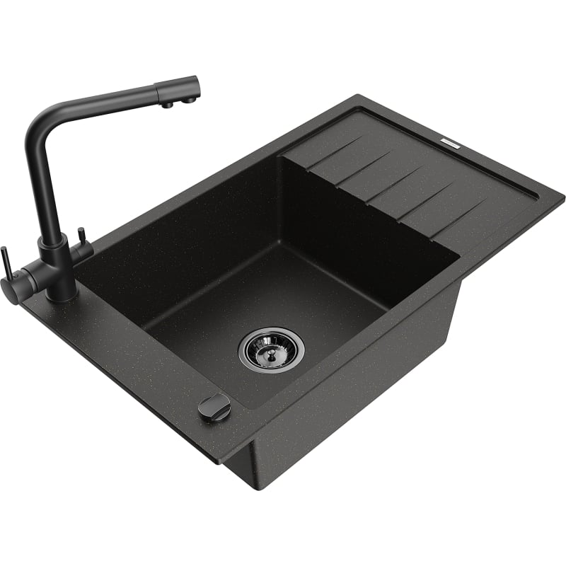 Mexen Elias Granitspüle mit 1 Becken, Abtropffläche und Küchenarmatur Duero, schwarz/goldenes Metallik - 6511-75-671600-70-B