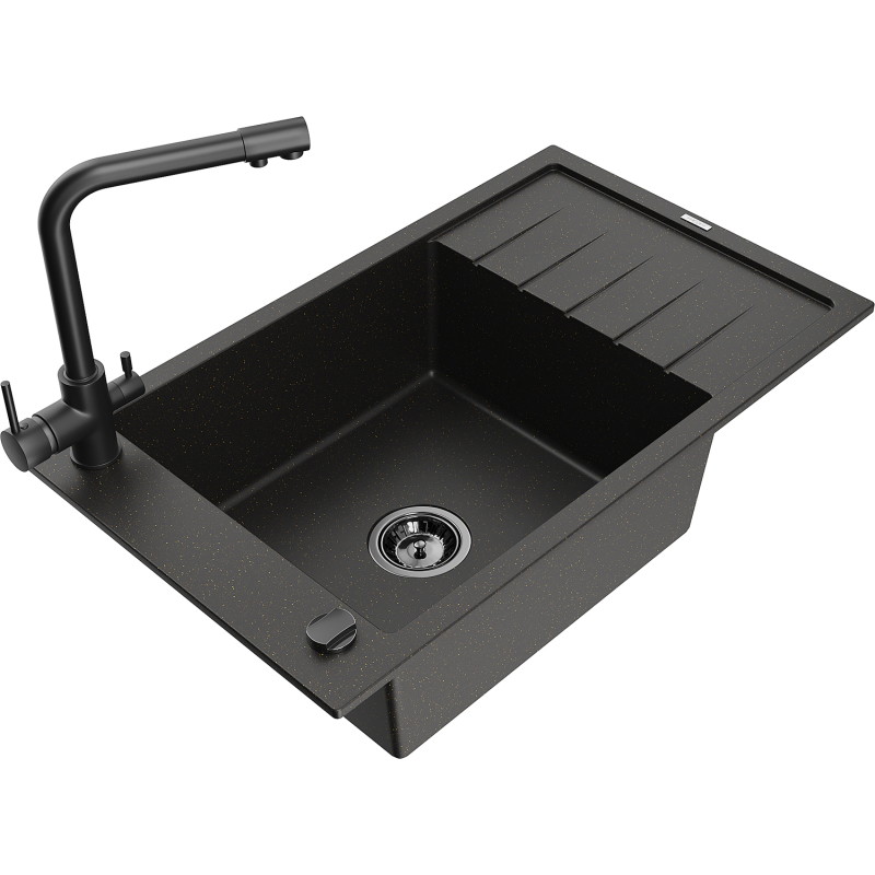 Mexen Elias lavello in granito a 1 vasca con scolapiatti e rubinetto da cucina Duero, nero/oro metallizzato