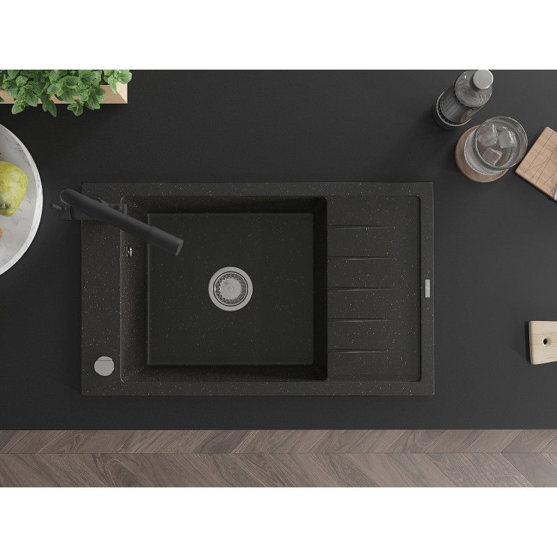 Mexen Elias évier en granit 1 bassin avec égouttoir et robinet de cuisine Duero, noir/or métallisé - 6511-75-671600-70