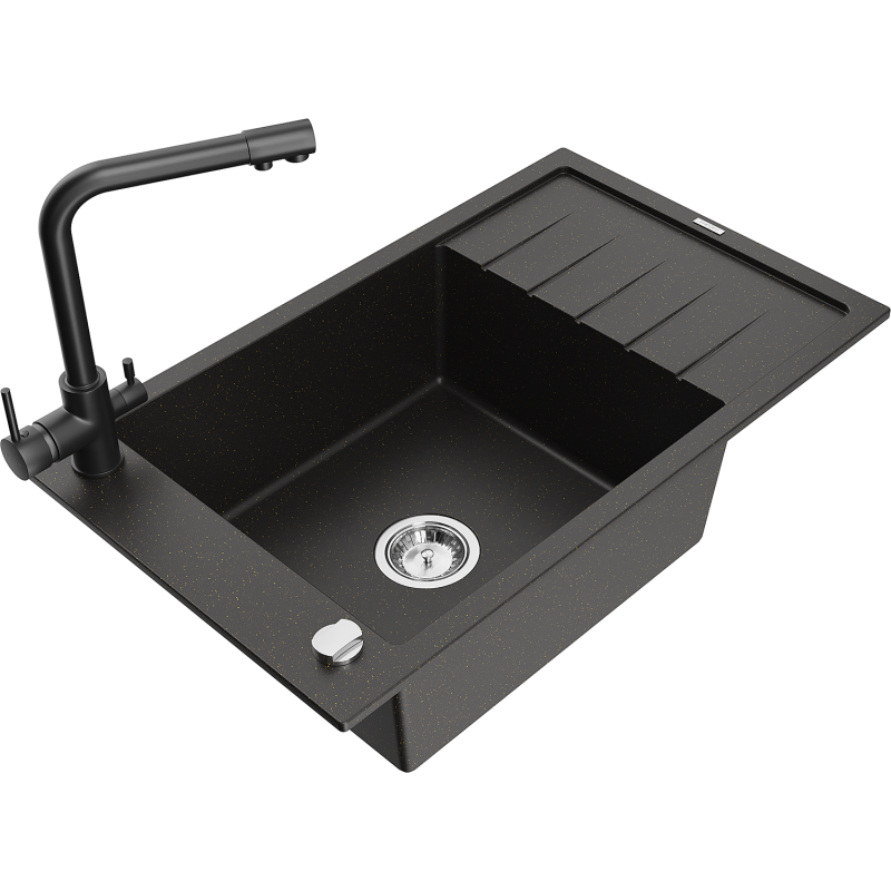 Mexen Elias 1-bowl granite sink with drainer and Duero kitchen tap, black/gold metallic - 6511-75-671600-70