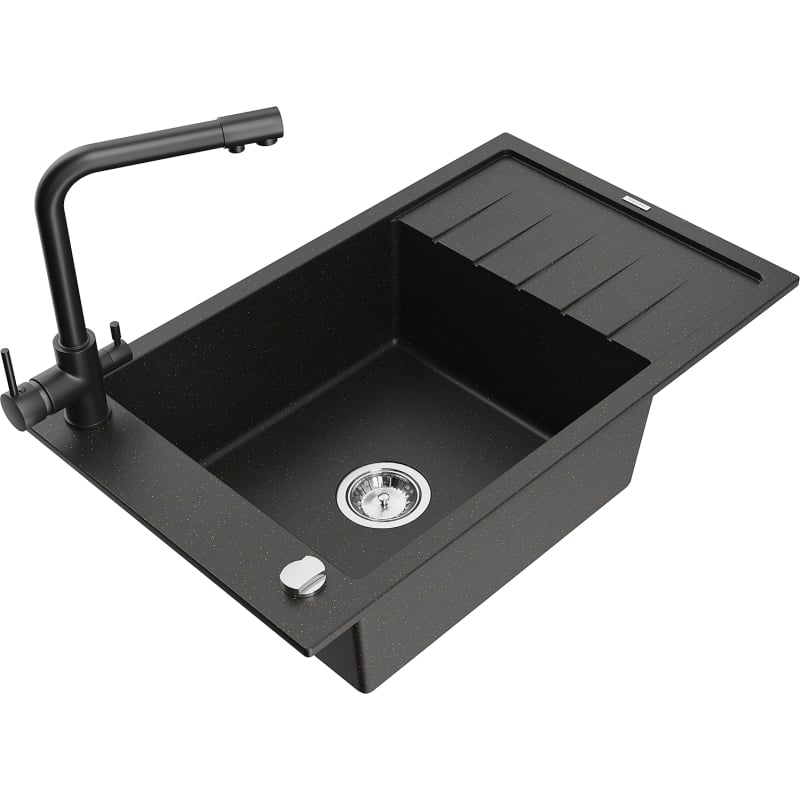 Mexen Elias fregadero de granito 1-cubeta con escurridor y grifo de cocina Duero, negro/dorado metálico - 6511-75-671600-70