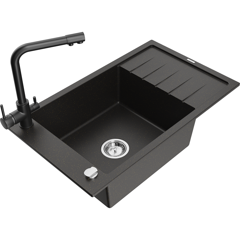 Mexen Elias fregadero de granito de 1 cubeta con escurridor y grifo de cocina Duero, negro/dorado metálico - 6511-75-671600-70