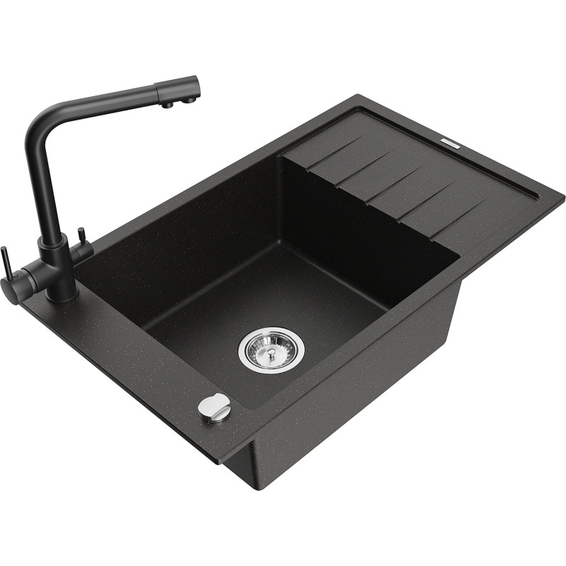 Mexen Elias Granitspüle 1-Becken mit Abtropffläche und Küchenarmatur Duero, schwarz/gold metallic - 6511-75-671600-70