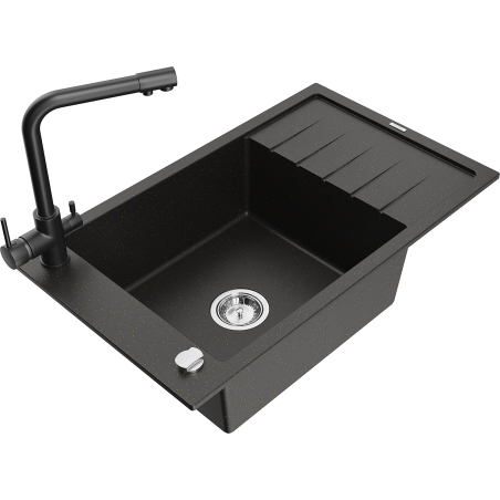 Mexen Elias lavello in granito 1-vasca con scolapiatti e rubinetto cucina Duero, nero/oro metallizzato - 6511-75-671600-70