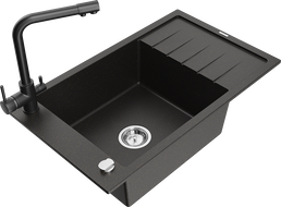 Mexen Elias granieten gootsteen 1-kompartment met afdruiprek en keukenmengkraan Duero, zwart/goud metallic - 6511-75-671600-70