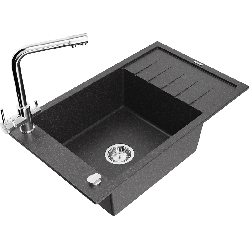 Mexen Elias fregadero de granito de 1 seno con escurridor y grifo de cocina Duero, negro salpicado - 6511-76-671600-00