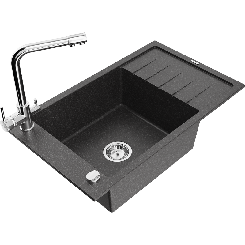 Mexen Elias granite sink with 1 bowl, drainer, and Duero kitchen tap, speckled black - 6511-76-671600-00
