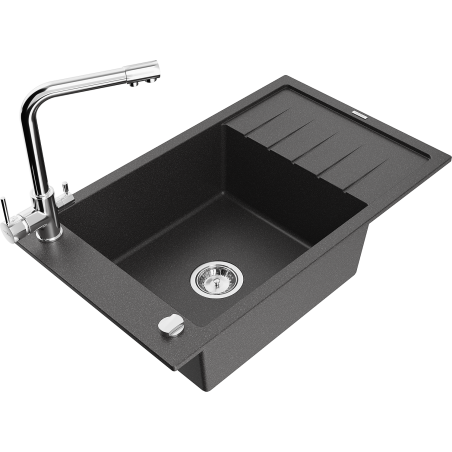 Mexen Elias granite sink with 1 bowl, drainer, and Duero kitchen tap, speckled black - 6511-76-671600-00
