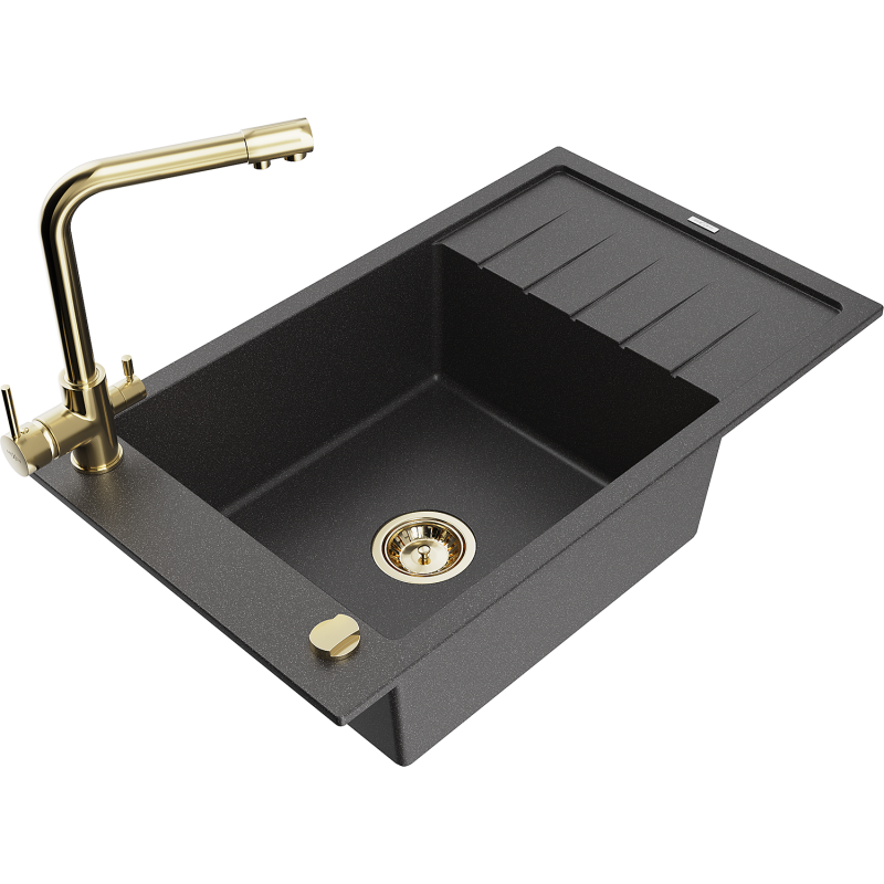 Mexen Elias fregadero de granito de 1 seno con escurridor y grifo de cocina Duero, negro moteado - 6511-76-671600-50
