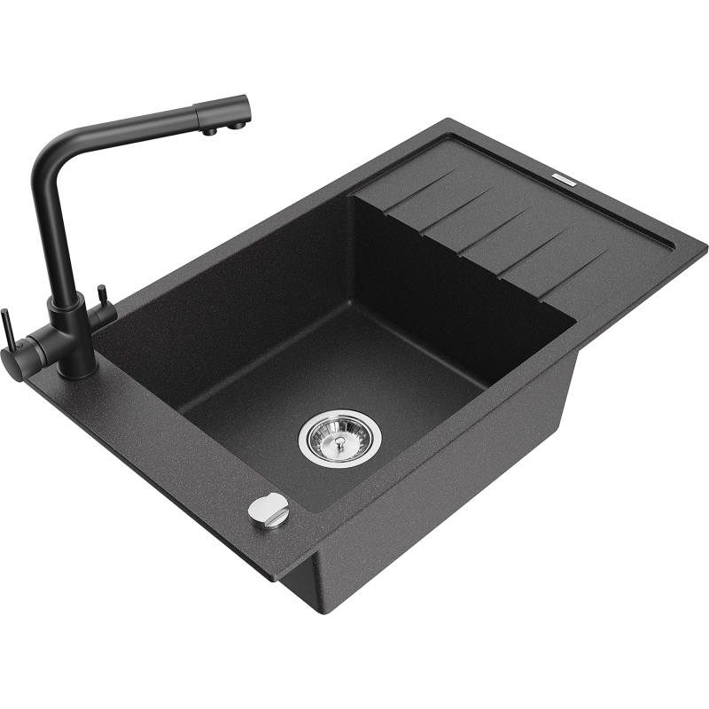 Mexen Elias fregadero de granito de 1 cubeta con escurridor y grifo de cocina Duero, negro moteado - 6511-76-671600-70