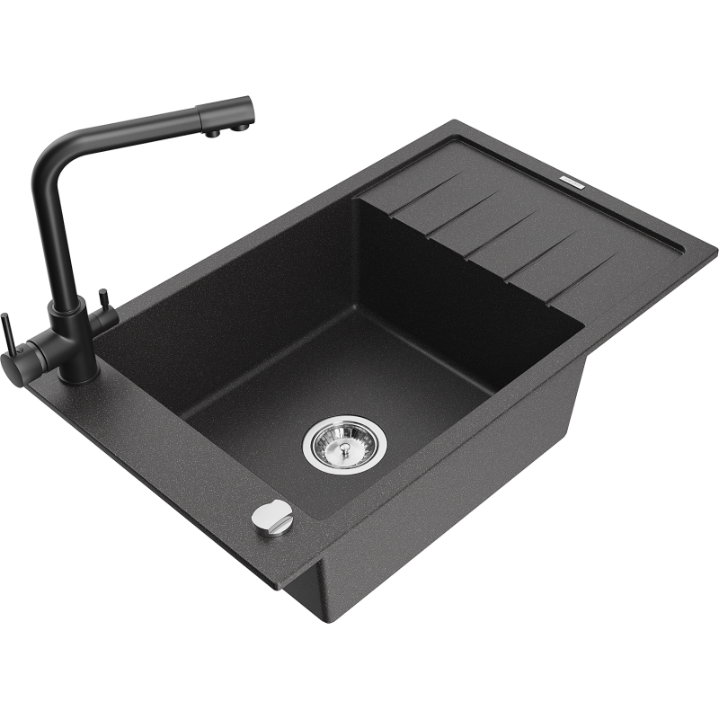 Mexen Elias granite sink with 1 bowl, drainer and Duero kitchen tap, black speckled - 6511-76-671600-70
