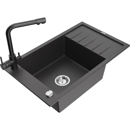 Mexen Elias lava-louça em granito de uma bacia com escorredor e torneira de cozinha Duero, preto salpicado - 6511-76-671600-70