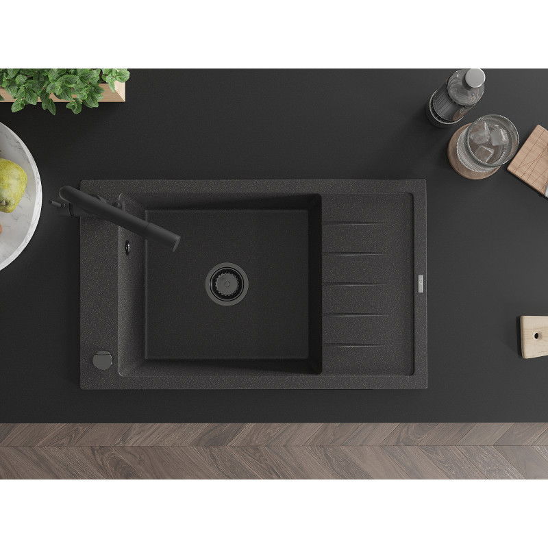 Mexen Elias granite sink 1-bowl with drainer and Duero kitchen tap, black speckled - 6511-76-671600-70-B