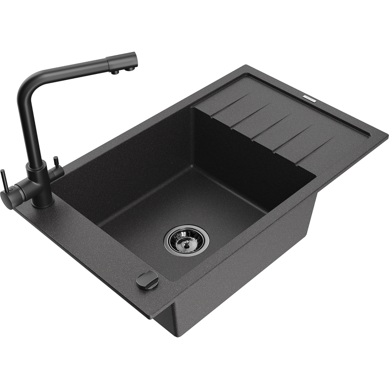Mexen Elias fregadero de granito de 1 cubeta con escurridor y grifo de cocina Duero, negro moteado - 6511-76-671600-70-B