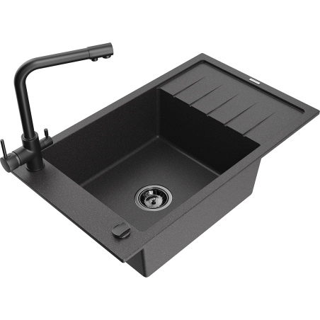 Mexen Elias 1-Bowl Granite Sink with Drainer and Duero Kitchen Faucet, Black Speckled - 6511-76-671600-70-B