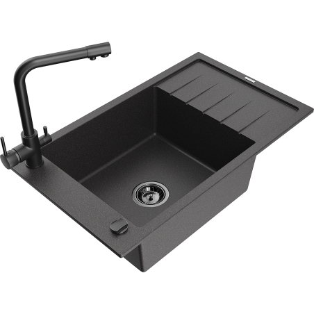 Mexen Elias granite sink 1-bowl with drainer and Duero kitchen tap, black speckled - 6511-76-671600-70-B