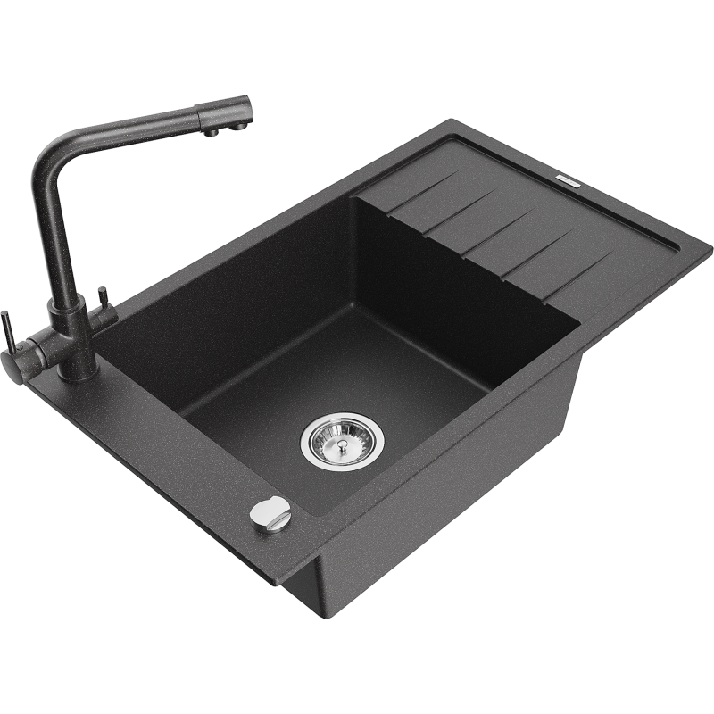 Mexen Elias 1-bowl Granite Sink with Drainer and Duero Kitchen Tap, Speckled Black - 6511-76-671600-76