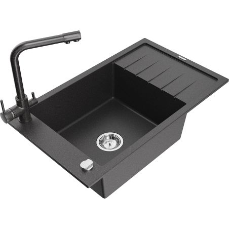 Mexen Elias fregadero de granito de 1 cubeta con escurridor y grifo de cocina Duero, negro con motas - 6511-76-671600-76