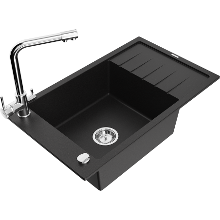 Mexen Elias 1-bowl granite sink with drainer and Duero kitchen faucet, black - 6511-77-671600-00