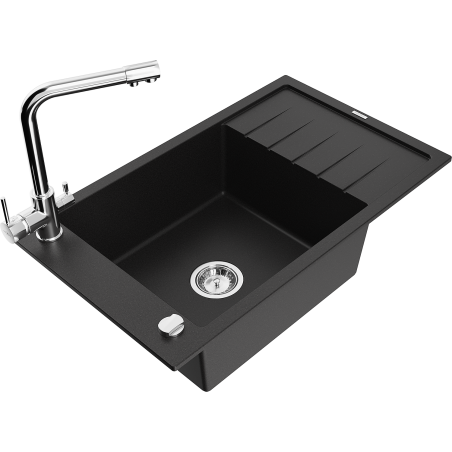 Mexen Elias granite sink, 1-bowl with drainer and Duero kitchen tap, black - 6511-77-671600-00