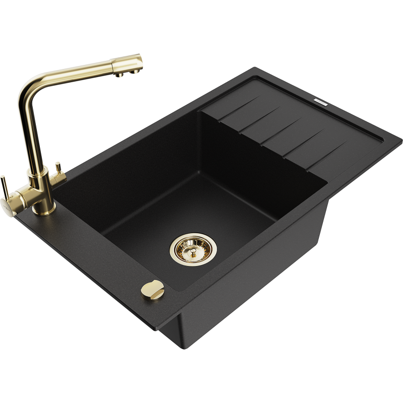 Mexen Elias fregadero de granito de 1 seno con escurridor y grifo de cocina Duero, negro - 6511-77-671600-50