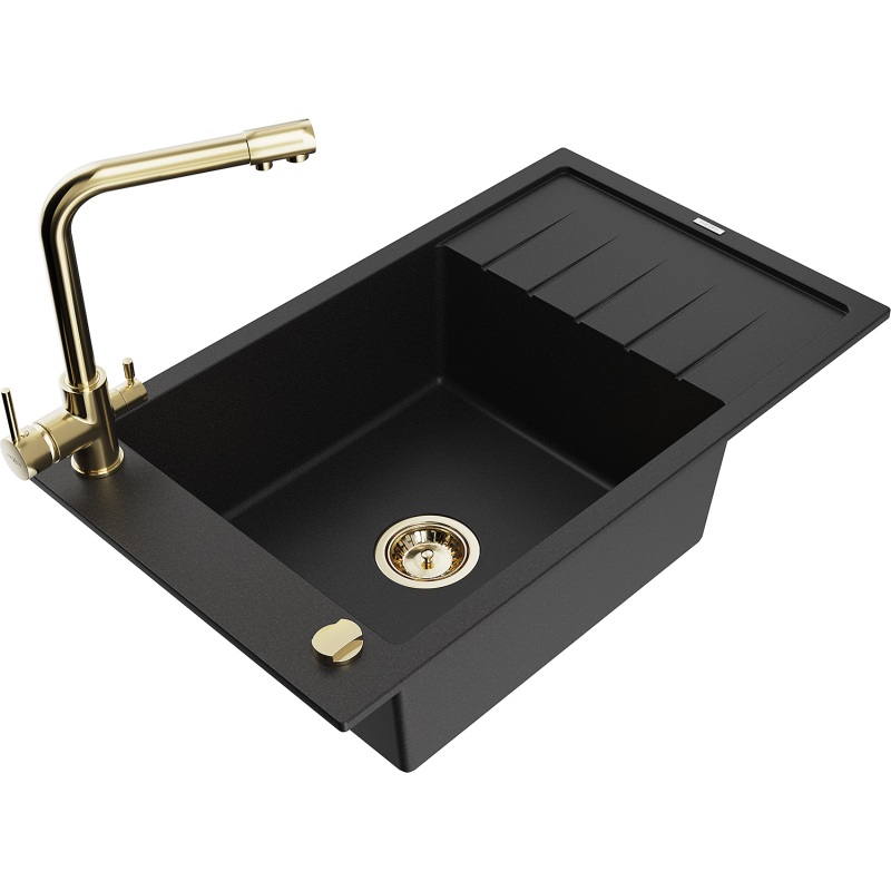 Mexen Elias granite sink 1-bowl with draining board and Duero kitchen tap, black - 6511-77-671600-50