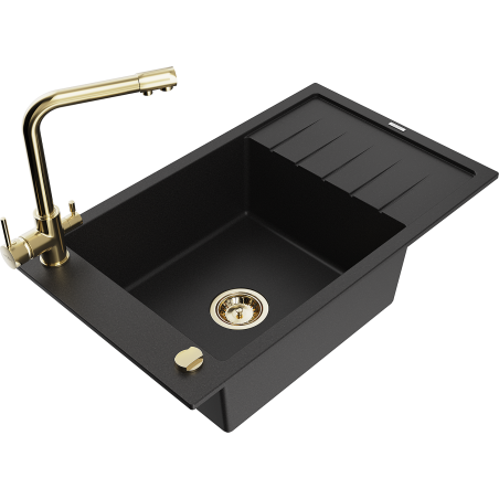 Mexen Elias granite sink 1-bowl with draining board and Duero kitchen tap, black - 6511-77-671600-50