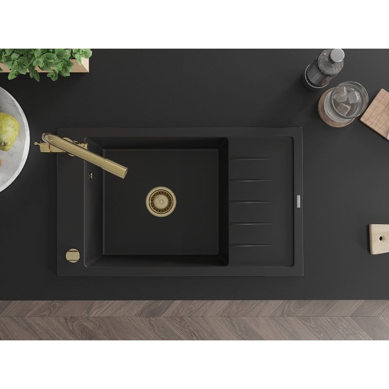 Mexen Elias granitdiskbänk 1-fack med avrinningsbräda och kökskran Duero, svart - 6511-77-671600-50