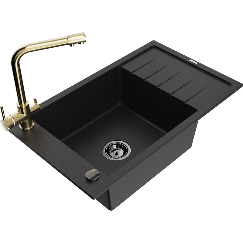 Mexen Elias lava-louça de granito de 1 cuba com escorredor e torneira de cozinha Duero, preto - 6511-77-671600-50-B