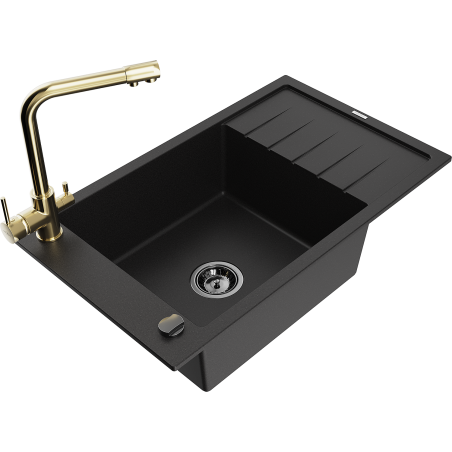 Mexen Elias 1-Bowl Granite Sink with Drainer and Duero Kitchen Tap, Black - 6511-77-671600-50-B