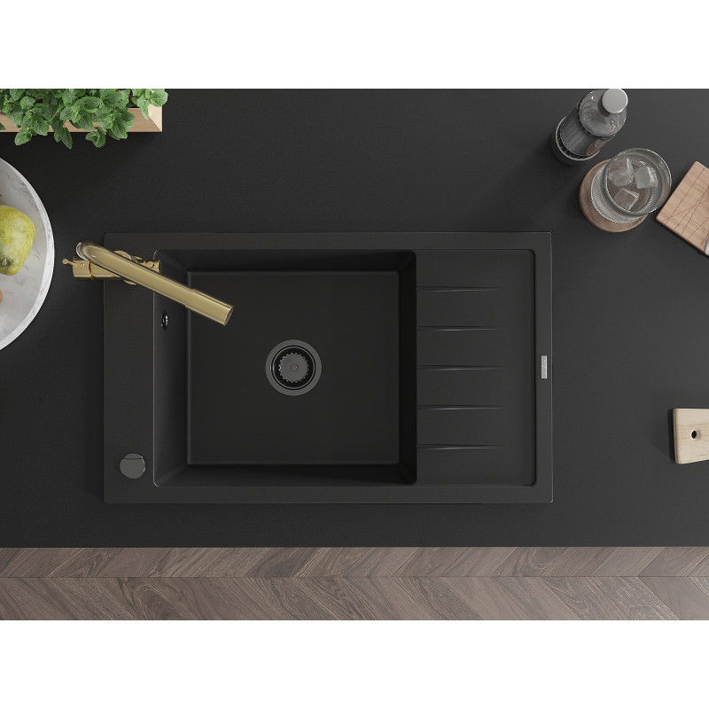 Mexen Elias 1-Bowl Granite Sink with Drainer and Duero Kitchen Tap, Black - 6511-77-671600-50-B