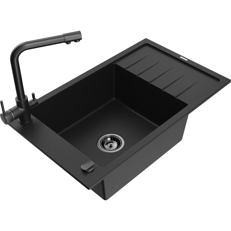 Mexen Elias fregadero de granito de 1 seno con escurridor y grifo de cocina Duero, negro - 6511-77-671600-70-B