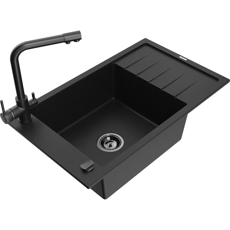 Mexen Elias granite sink 1-bowl with drainer and Duero kitchen tap, black - 6511-77-671600-70-B
