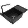 Mexen Elias granite sink 1-bowl with drainer and Duero kitchen tap, black - 6511-77-671600-70-B