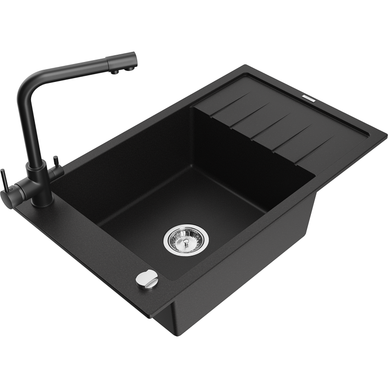 Mexen Elias fregadero de granito de 1 cubeta con escurridor y grifo de cocina Duero, negro - 6511-77-671600-70