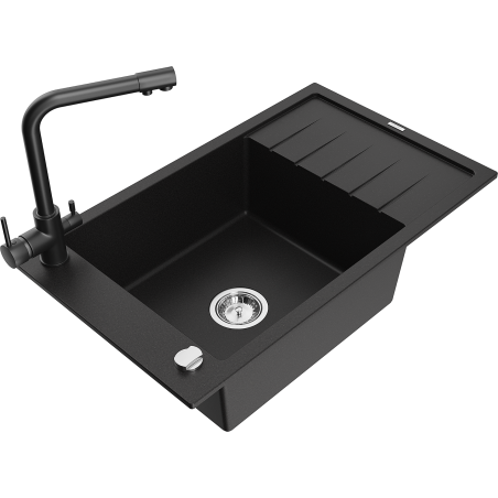 Mexen Elias fregadero de granito de 1 cubeta con escurridor y grifo de cocina Duero, negro - 6511-77-671600-70