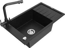 Mexen Elias fregadero de granito de 1 cubeta con escurridor y grifo de cocina Duero, negro - 6511-77-671600-70
