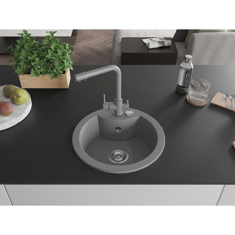 Mexen Diego 1-Bowl Granite Sink with Duero Kitchen Tap, Grey - 6512-71-671600-71