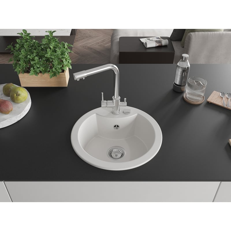 Mexen Diego granite kitchen sink 1-bowl with Duero kitchen faucet, white - 6512-20-671600-00