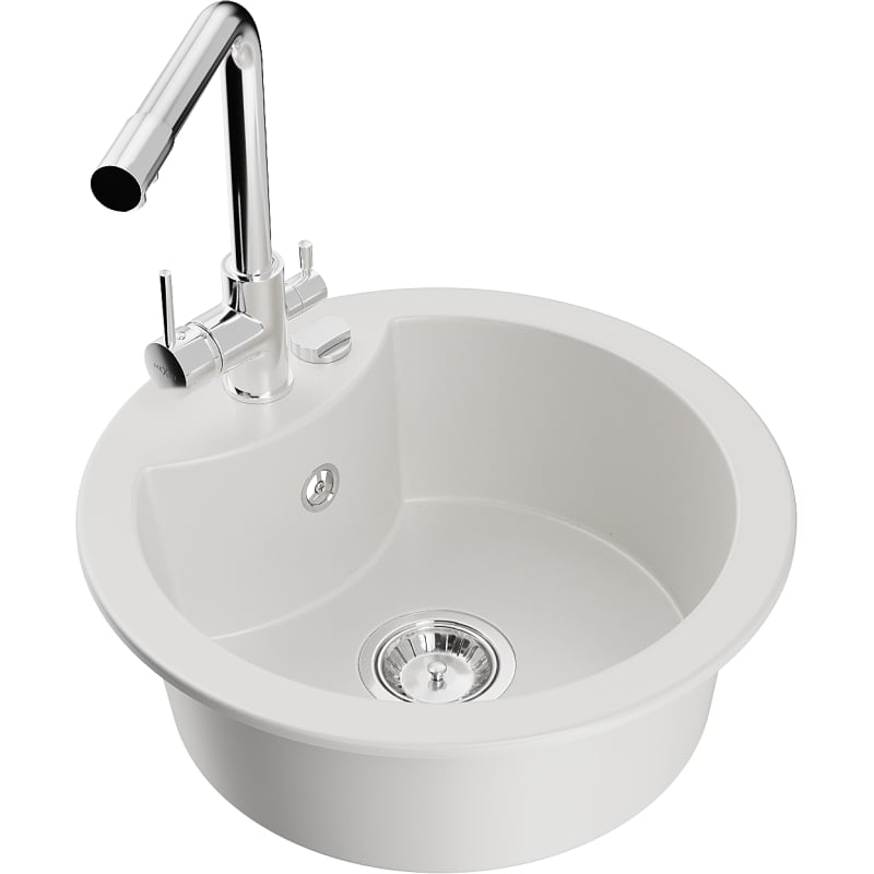 Mexen Diego granite kitchen sink 1-bowl with Duero kitchen faucet, white - 6512-20-671600-00